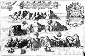 Het eiland Sint-Helena, illustratie uit Linschotens Itinerario, 1596 door J.H. van Linschoten