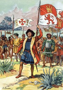 1492: Christoffel Columbus arriveert in Amerika met Spaanse vlag door J.L Beuzon (fl.1880 1940)
