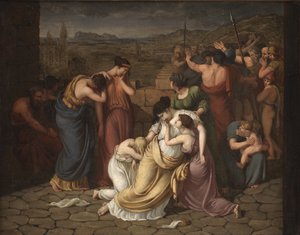 Andromache in wanhoop bij het zien van Hectors lichaam