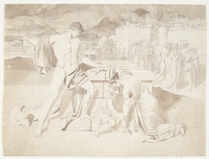 Andromache en zoon Astyanax samen met Pyrrhus bij het graf van Hector