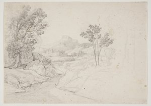 Landschapsstudie met gebouwen bij waterloop. Italië door J.L. Lund