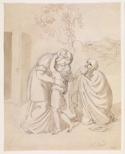 Sarah neemt afscheid van Isaak, Abraham knielend
