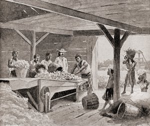 Slaven werken met een 19e-eeuwse katoenontkorrelmachine op een plantage in een zuidelijke staat van de Verenigde Staten van Amerika, uit 