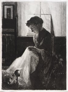 Profielportret van een naaiende vrouw