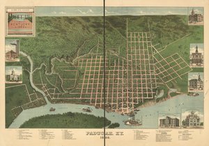 Vogelvlucht van Paducah, Kentucky 1889. door J. Blanton; Krebs Lithographing Company Postlethwaite