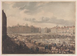 Vogelvlucht van Smithfield Market, genomen vanaf de Bear & Ragged Staff, 1 januari 1811 door J. Bluck