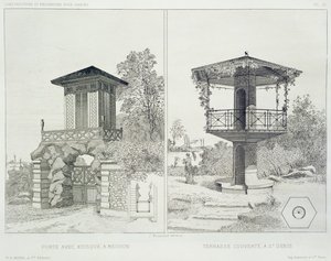 Portaal met kiosk, Meudon, en overdekt terras, St. Denis, uit een volume met ontwerpen van verschillende architecten, uitgegeven door Morel & Cie, Parijs, ca. 1880