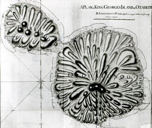 Een Plan van King Georges Eiland of Otheite, 1769 door J. Cook