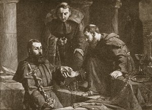 Schuilen van schatten bij de onderdrukking van een klooster, illustratie uit The Church of England: A History for the People door H.D.M. Spence-Jones, pub. c.1910 litho sepia foto