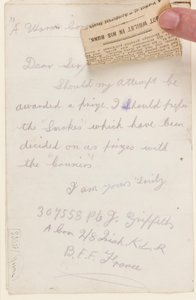 Brief aan de wedstrijdredacteur van de Liverpool Weekly Courier, 1917 door J. Griffiths