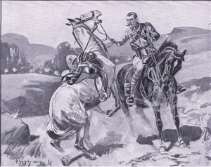 Majoor Brown, 14e Huzaren, houdt luitenant Browns paard vast onder zwaar vuur, illustratie uit Na Pretoria: De Guerrillaoorlog, 1902