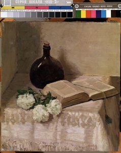 "Stilleven met fles, open boek en witte bloemen". Schilderij van Johannes Hansch (1875-1946) Dim. 45 x 41,5 cm Museum voor Schone Kunsten van Mikalojus Konstantinas Ciurlionis, Kaunas, Litouwen