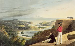 Uitzicht op de Engelse Haven, Antigua vanaf Great George Fort, Monks Hill, gegraveerd door T. Fielding, uitgegeven door T. en G. Underwood, 1827