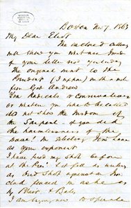 Brief ondertekend door J.M.F. [J.M. Forbes], Boston, aan Eliot [William G. Eliot], 7 november 1863 door J. M. Forbes