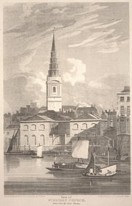 Uitzicht op de St. Brides kerk, vanaf de rivier de Theems, gegraveerd door Matthews