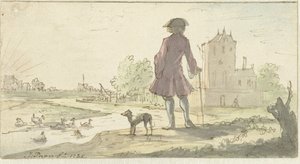 Man met hond bij water