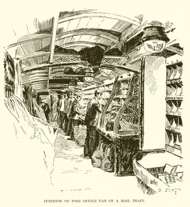 Interieur van postwagen in een posttrein door J. R. Sinclair