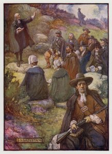 Gewapende wachters houden de wacht tijdens een bijeenkomst van Schotse Covenanters, 17e eeuw door J. R. Skelton