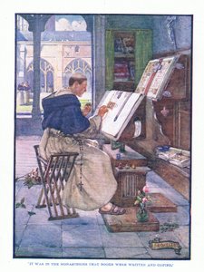 Het was in de kloosters dat boeken werden geschreven en gekopieerd, uit Engelse Literatuur uitgegeven door T C & EC Jack, ca. 1920 door J. R. Skelton