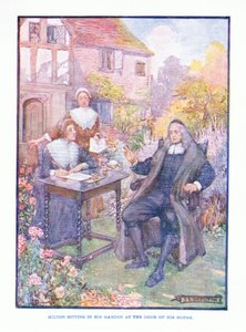 Milton zittend in zijn tuin bij de deur van zijn huis, uit Engelse Literatuur uitgegeven door T C & EC Jack, ca. 1920