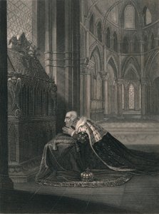 Lodewijk VII, koning van Frankrijk, voor het graf van Becket, midden 19e eeuw door J. Rogers