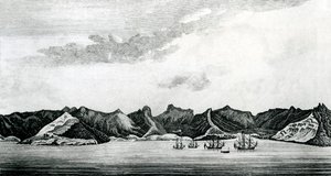 Een uitzicht op Cumberland Bay op het eiland Juan Fernandes, c.1745 (gravure) door J. S. Mason