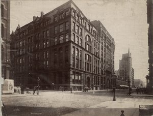 De zuidoostelijke hoek van Dearborn en Monroe Streets, Chicago, 1890
