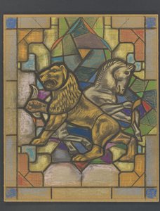 Ontwerp voor een glas in loodraam met een leeuw en paard