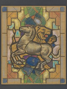 Ontwerp voor een glas in loodraam met een paard en leeuw door Jaap Weyand