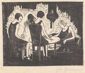 Vier vrouwen zittend aan een tafel door Jac Jongert (signed by artist)