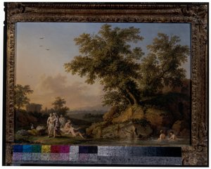 Een paar landschappen met badende nimfen door Jacob Philippe Hackert