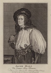 Jacob Hall, Engelse koorddanser en acrobaat actief tijdens het bewind van koning Charles II (gravure) door Jacob (after) Van Oost the Younger