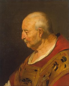 Hoofd van een oude man in kerkelijke gewaden