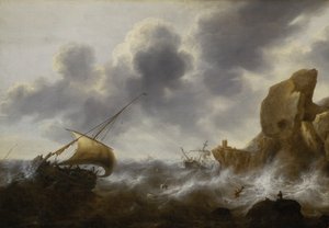 Een vissersboot voor een rotsachtige kust in een storm met een wrak, ca. 1664-65 door Jacob Adriaensz. Bellevois