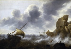 Een vissersboot gevangen in een storm nabij een rotsachtige kust, met een schipbreuk, door Jacob Adriaensz Bellevois door Jacob Adriaensz. Bellevois