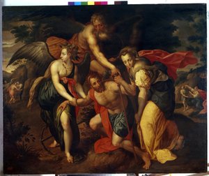 De drie leeftijden van de mens. Een man in de kracht van zijn leven wordt ondersteund door engelen terwijl hij wankelt