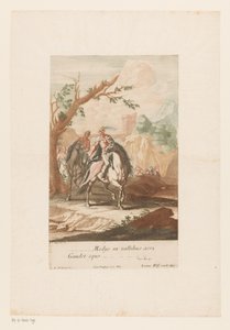 Ruiters trekken door de vallei Medijs in vallibus acri Gaudet equo (titel op object) door Jacob Andreas Fridrich (I)