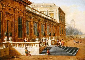 De terugkeer van de verloren zoon op de trappen van een klassiek paleis door Jacob Balthasar Peeters