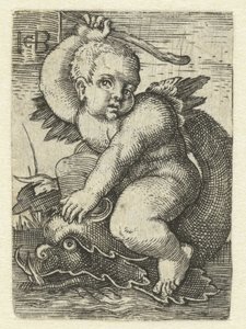 Putto op dolfijn door Jacob Binck