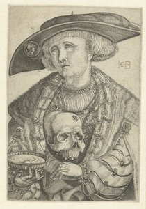 Zelfportret met schedel en schaal