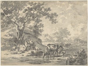 Landschap met herder en vee onder boom bij water door Jacob  Cats