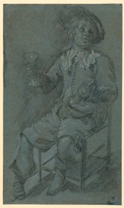 Tekening, zittende cavalier met wijnglas, 1650-60 door Jacob Duck