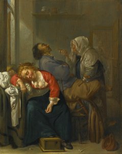 Slapend echtpaar en een dienstmeisje in een interieur door Jacob Duck