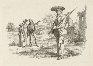 Jager en een gezelschap bij een ruïne (Studie-prentwerk / Etudes gravées) door Jacob Ernst Marcus