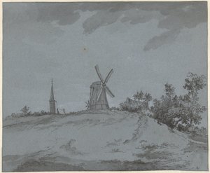 Landschap met windmolen en kerk op een heuvel door Jacob Ernst Marcus