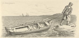 Man trekt zijn roeiboot aan wal door Jacob Ernst Marcus