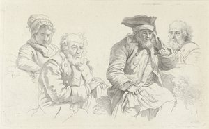 Studieblad met drie oude mannen en een jonge vrouw door Jacob Ernst Marcus