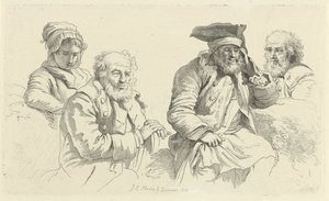 Studieblad met drie oude mannen en een jonge vrouw door Jacob Ernst Marcus
