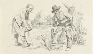Studieblad met een houtsprokkelaar en een man met zaag door Jacob Ernst Marcus
