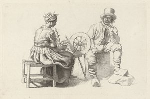 Studieblad met een vrouw aan een spinnewiel en een zittende man door Jacob Ernst Marcus